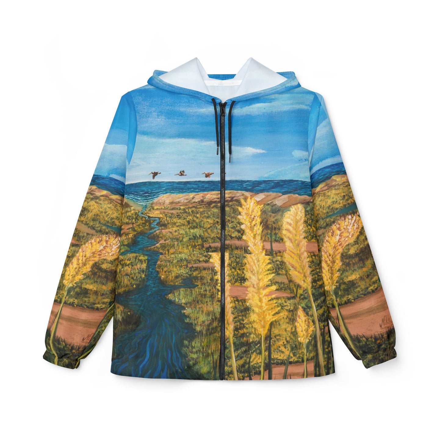 Windbreaker Jacket - Coastal Scenic Art Beach and Dunes Sea Oats Pelicans