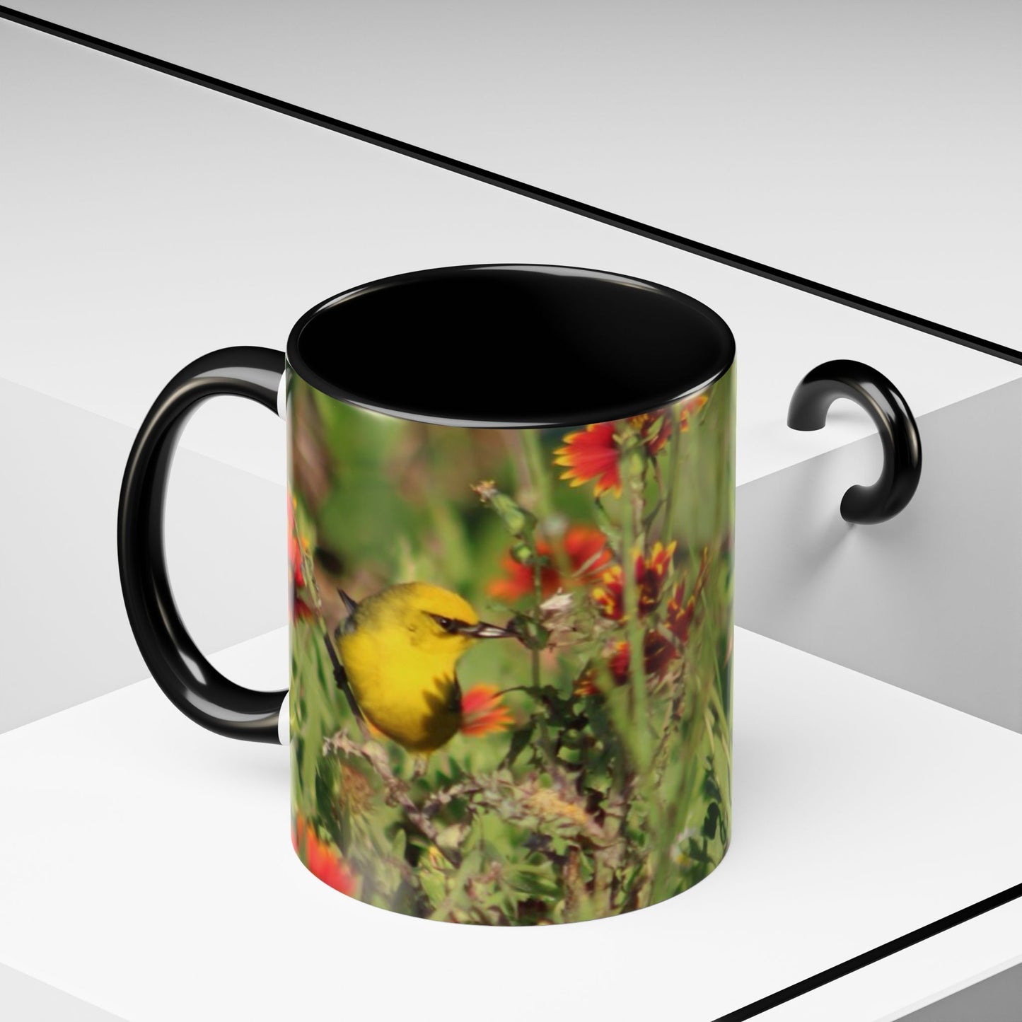 Mug - Blue-winged Warbler Floral Accent Coffee Mug - Gift for Birders and Nature Lovers