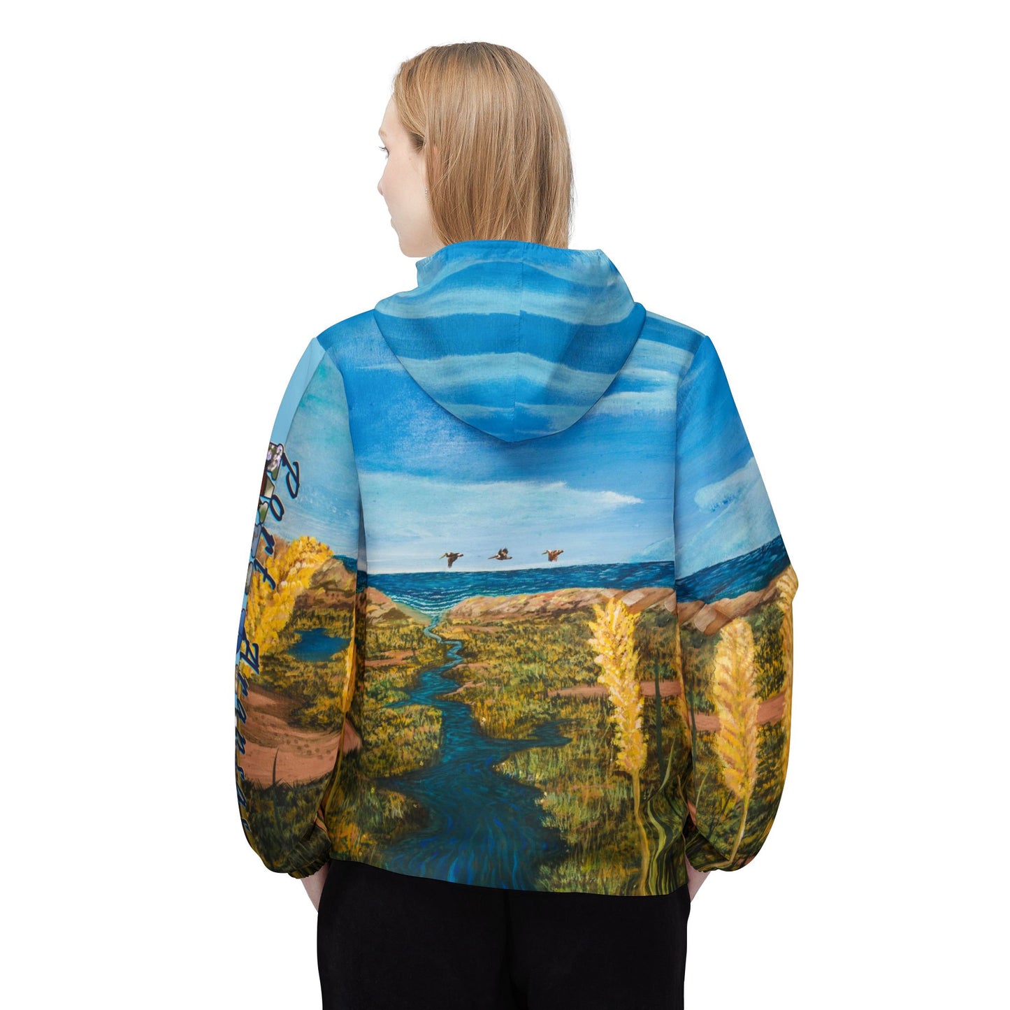 Windbreaker Jacket - Coastal Scenic Art Beach and Dunes Sea Oats Pelicans