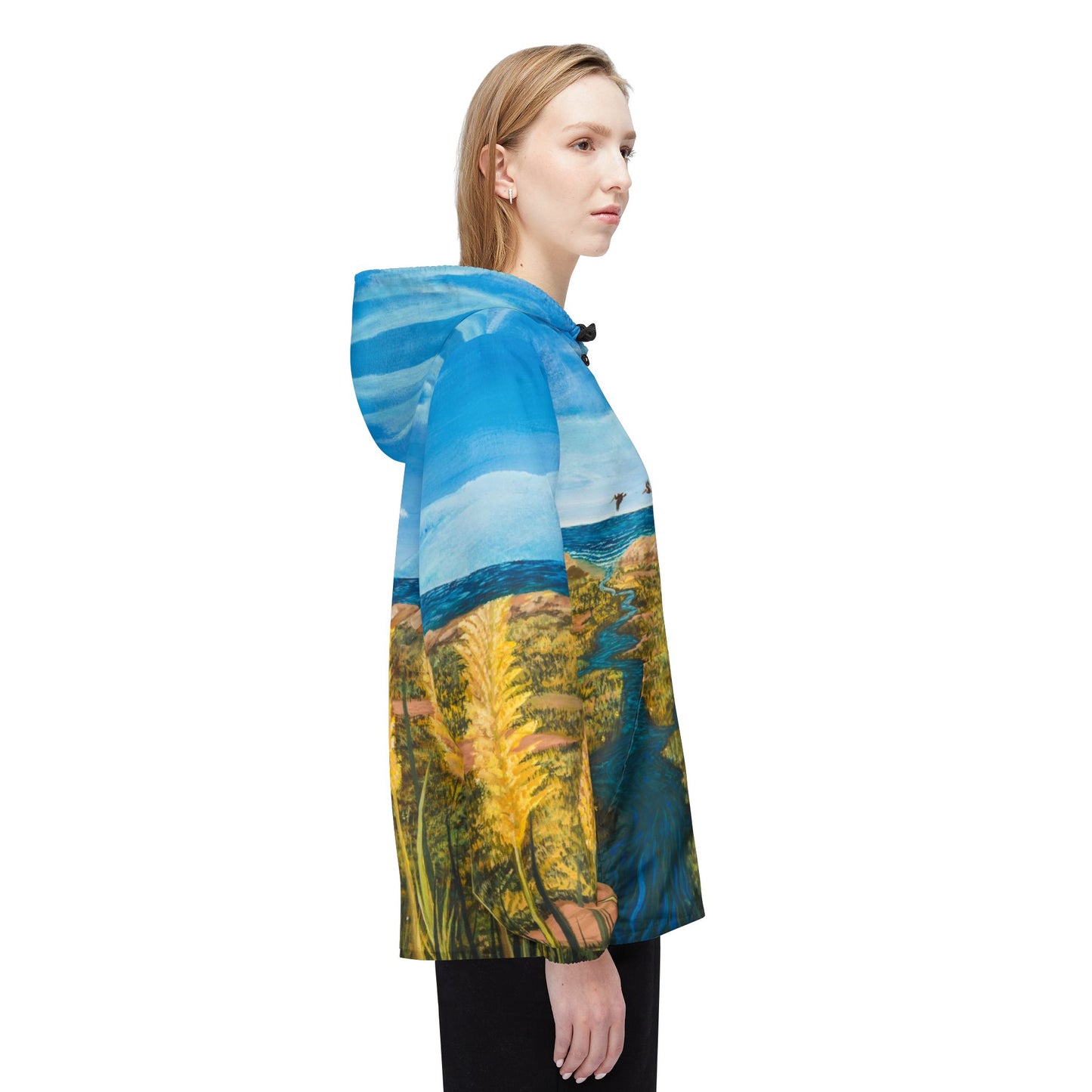Windbreaker Jacket - Coastal Scenic Art Beach and Dunes Sea Oats Pelicans