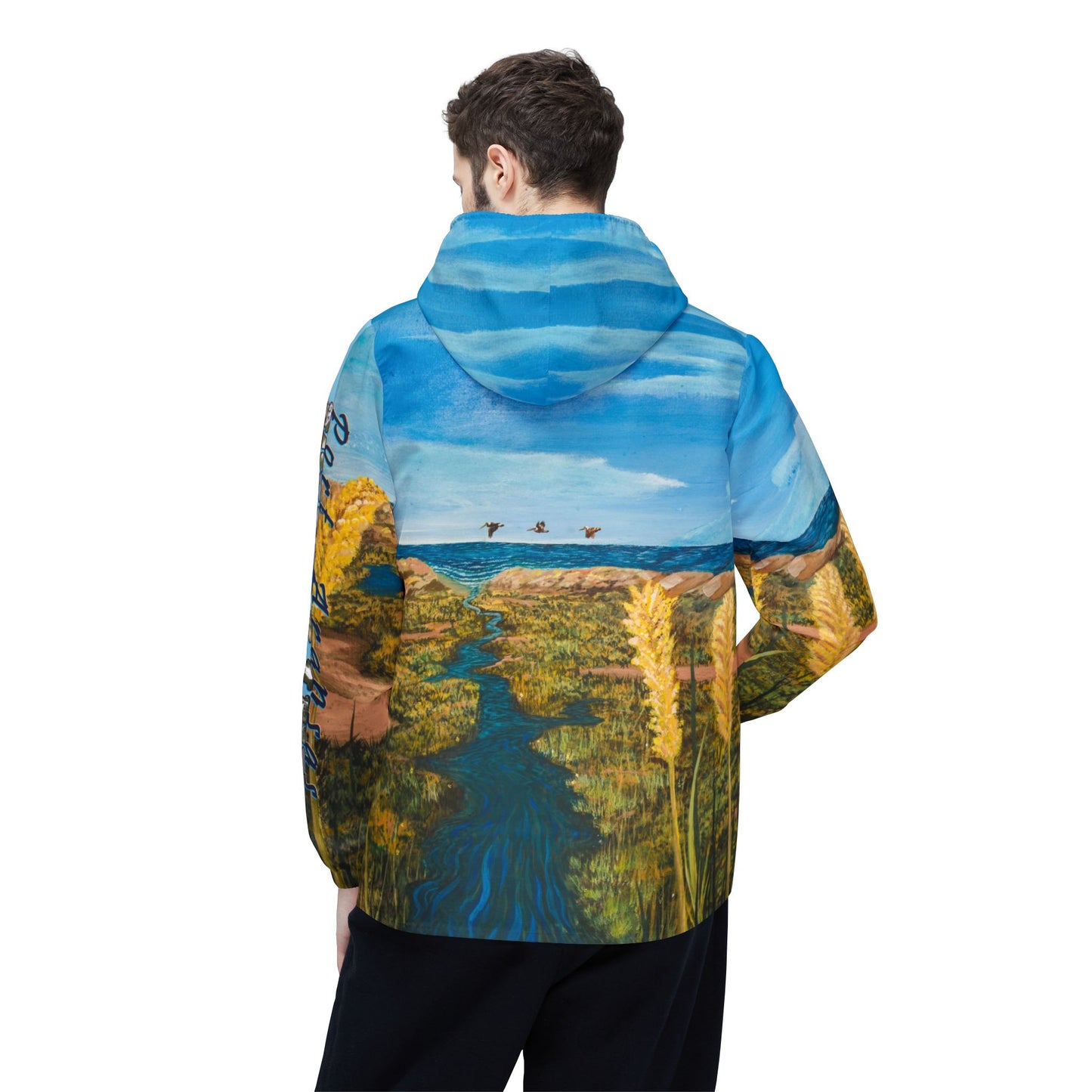 Windbreaker Jacket - Coastal Scenic Art Beach and Dunes Sea Oats Pelicans