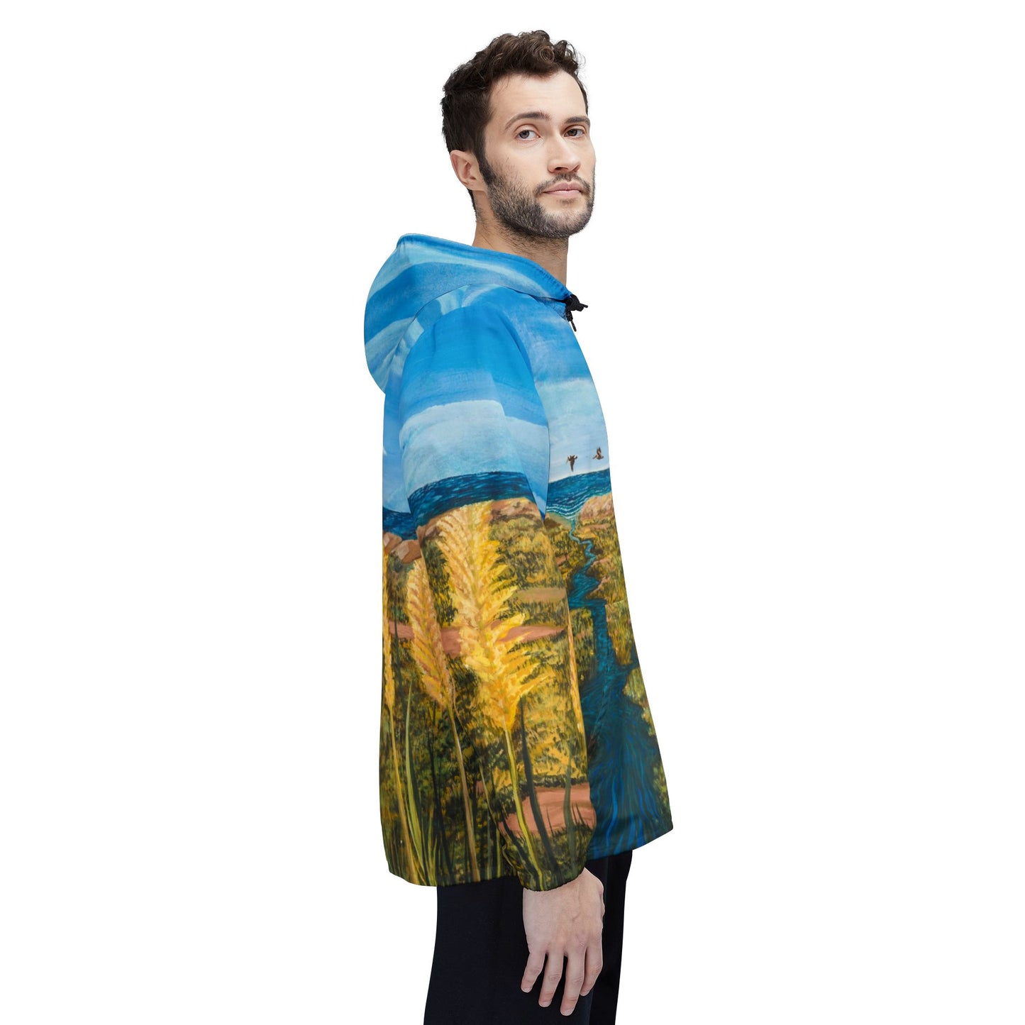 Windbreaker Jacket - Coastal Scenic Art Beach and Dunes Sea Oats Pelicans