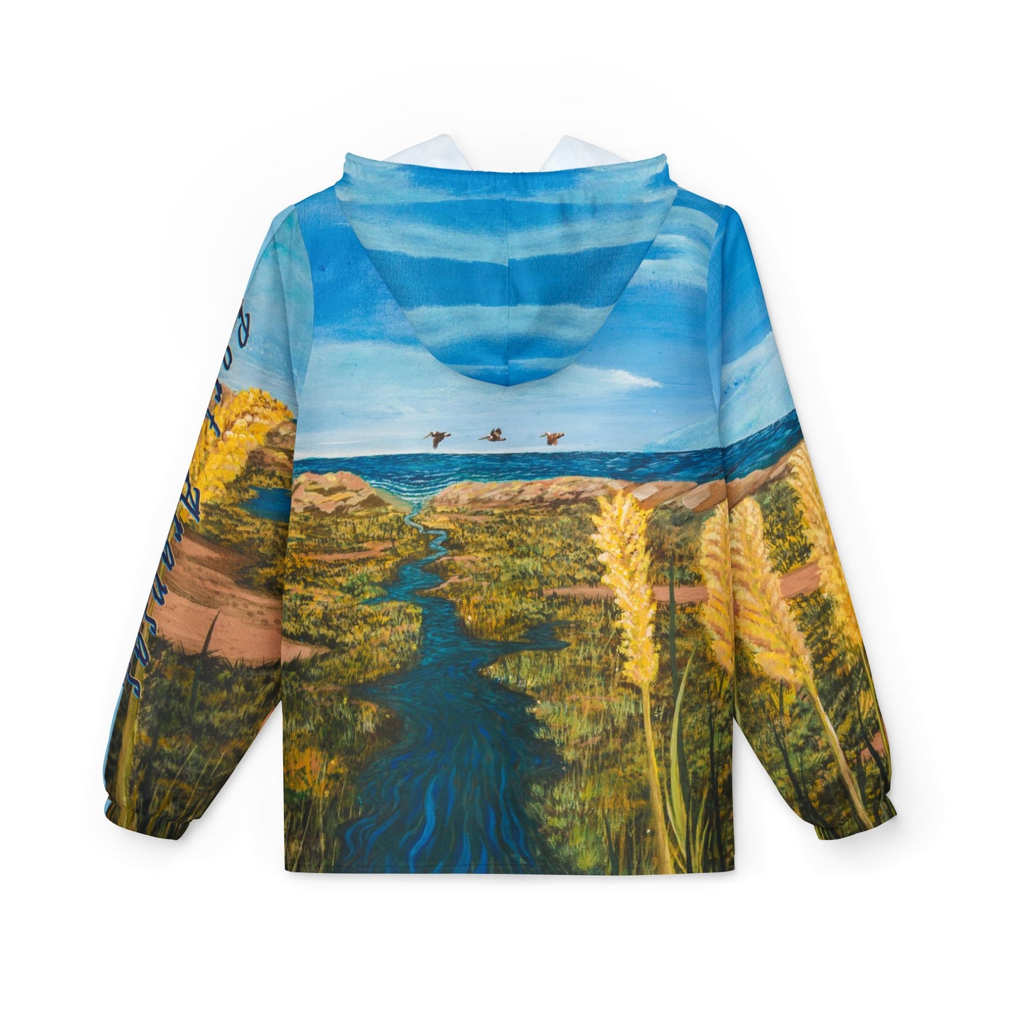 Windbreaker Jacket - Coastal Scenic Art Beach and Dunes Sea Oats Pelicans