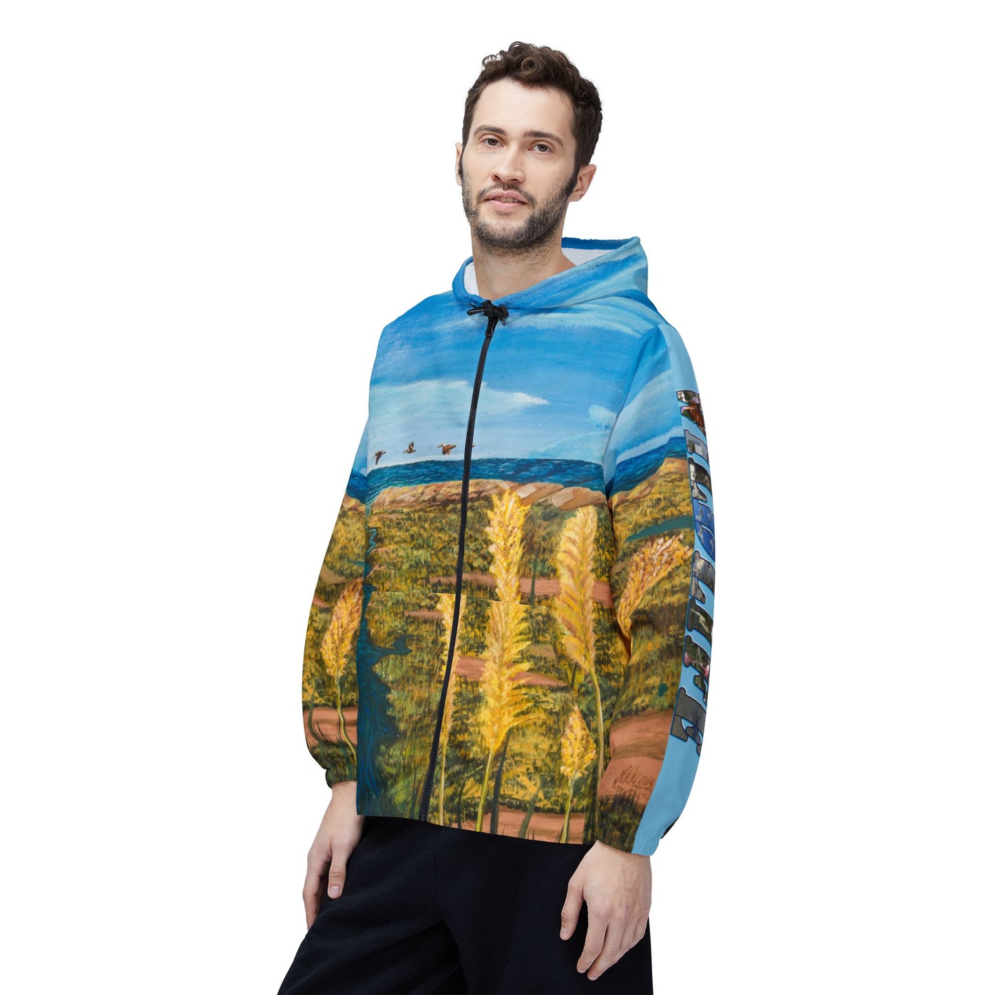 Windbreaker Jacket - Coastal Scenic Art Beach and Dunes Sea Oats Pelicans