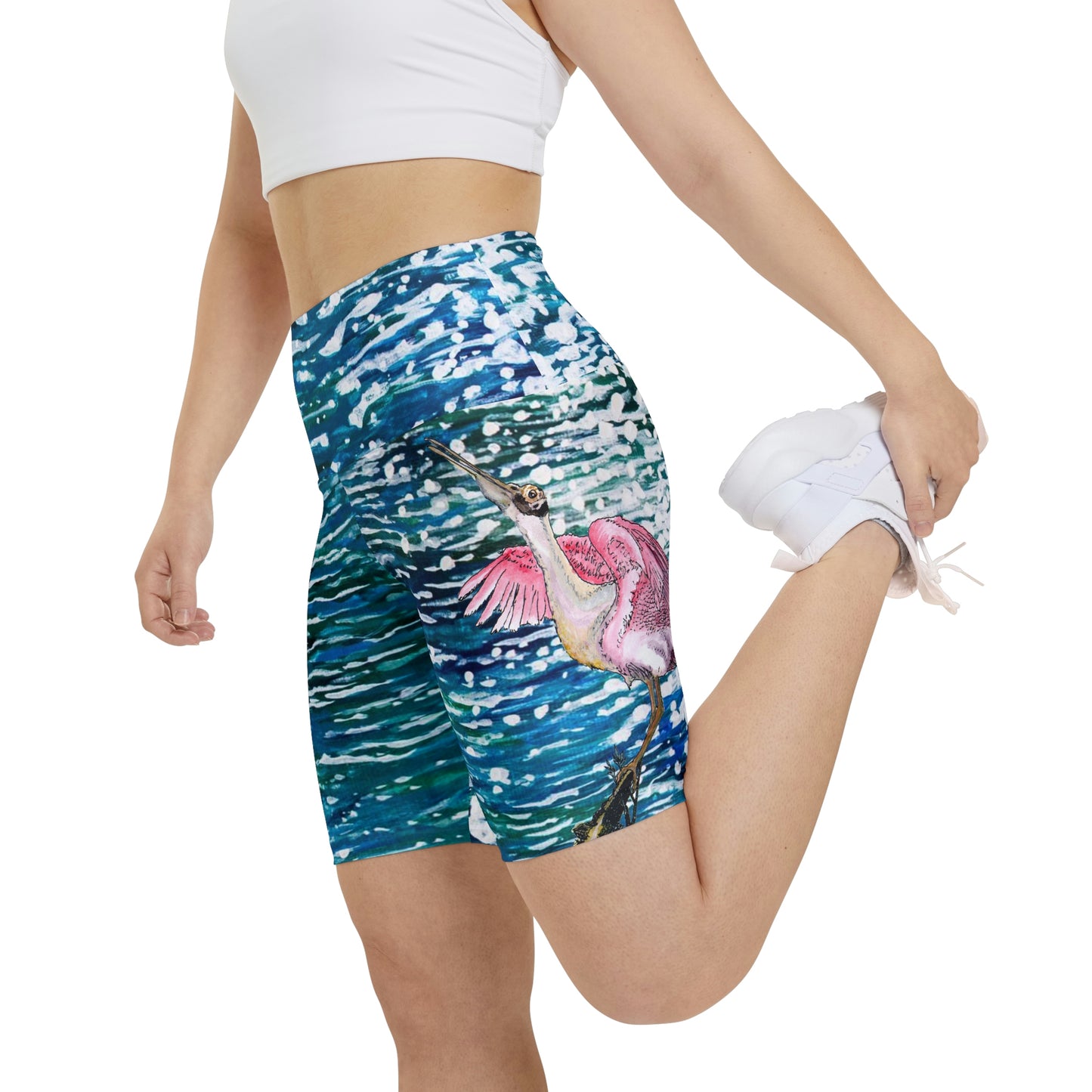 Roseate Spoonbill Blue Sparkling Waters Women's Workout Shorts
