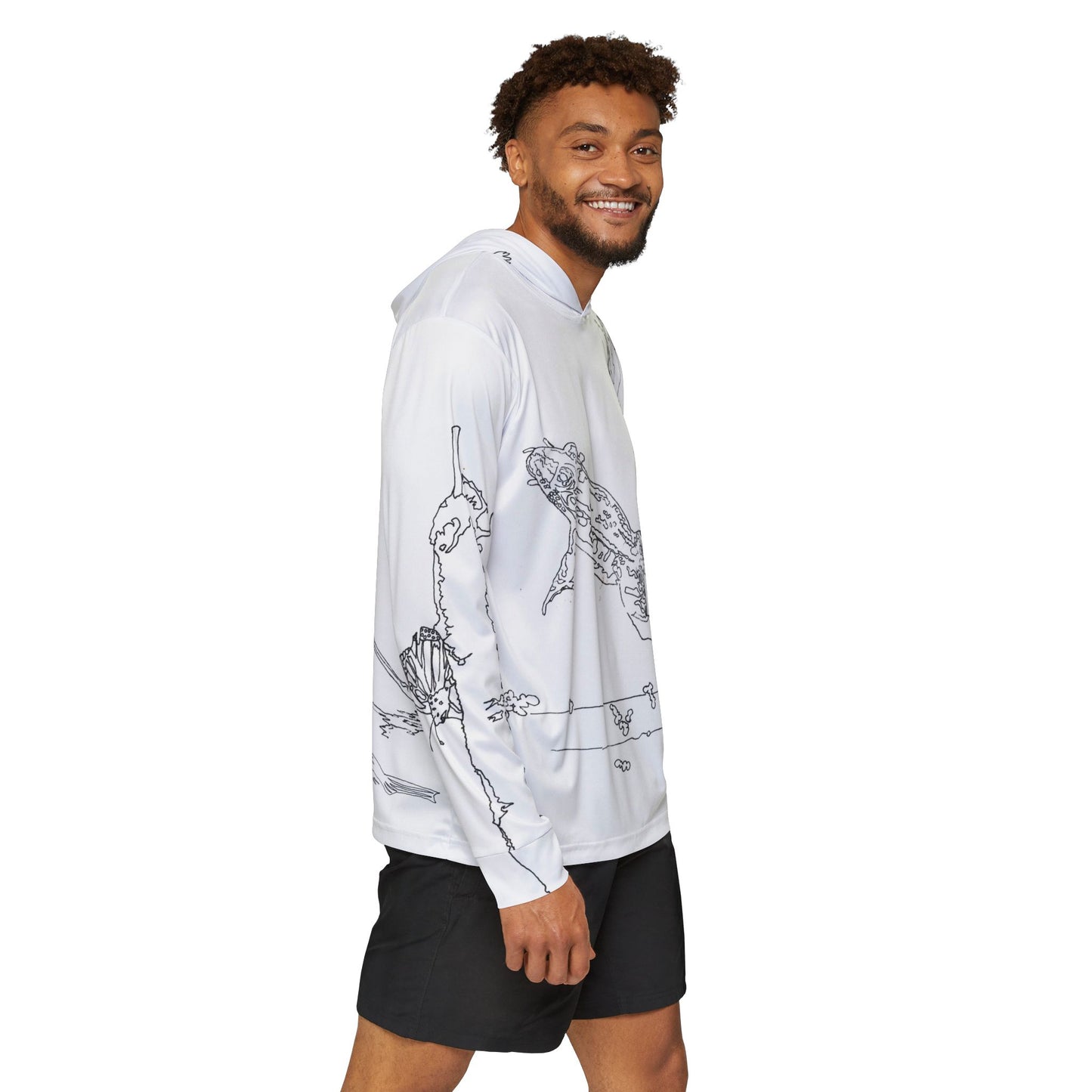 Port Aransas Wetlands Wildlife Line Art Hoodie — Warbler, Butterfly, Frog & Flamingo Coastal Scene