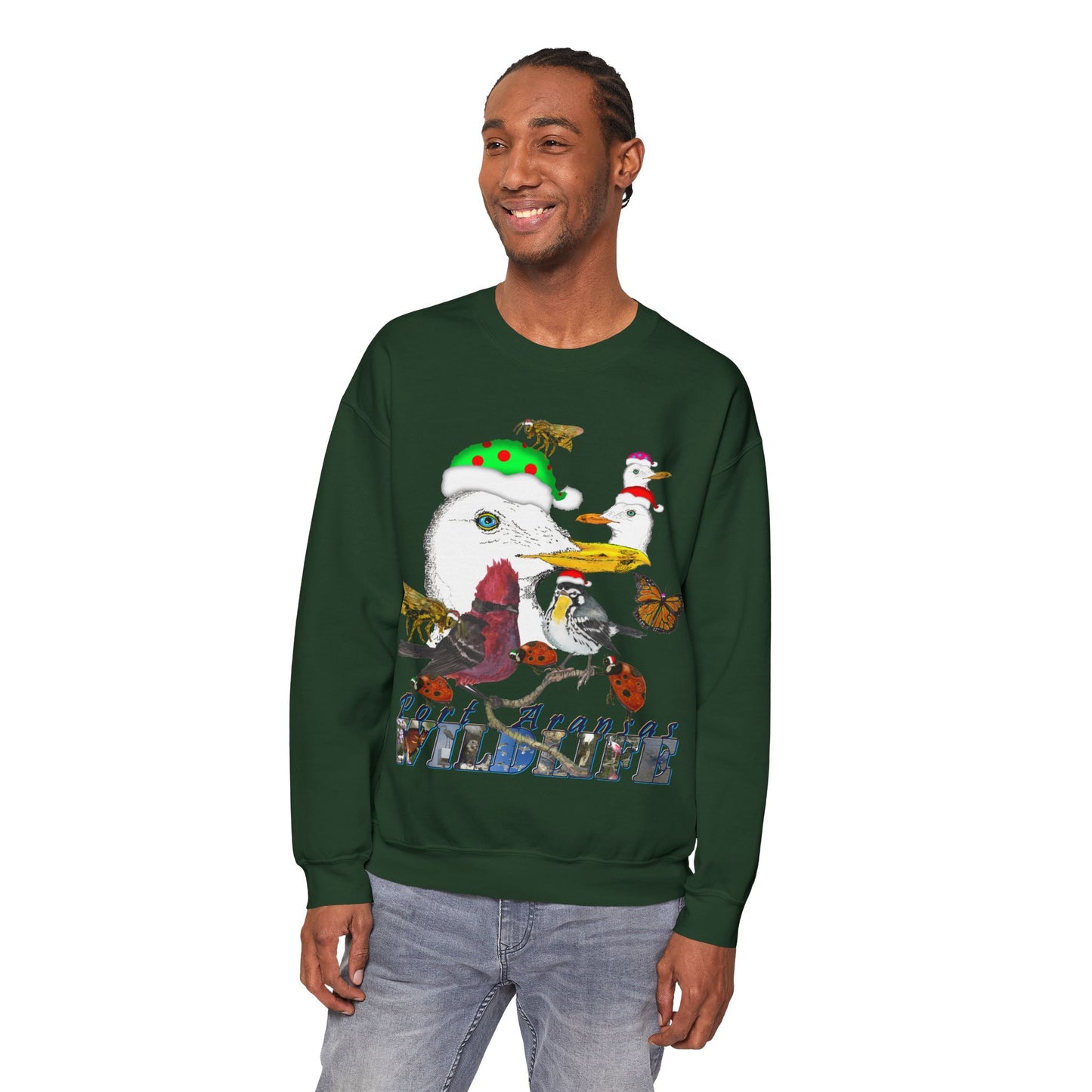 Christmas Ugly Sweatshirt Birds Bugs and Butterflies Seasonal Seller Port Aransas Wildlife: Unisex, Heavy Blend