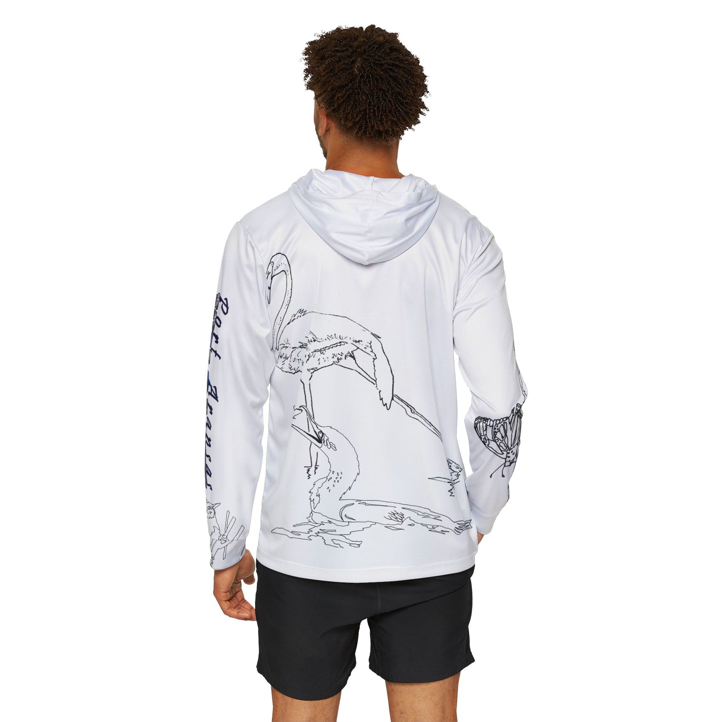 Port Aransas Wetlands Wildlife Line Art Hoodie — Warbler, Butterfly, Frog & Flamingo Coastal Scene