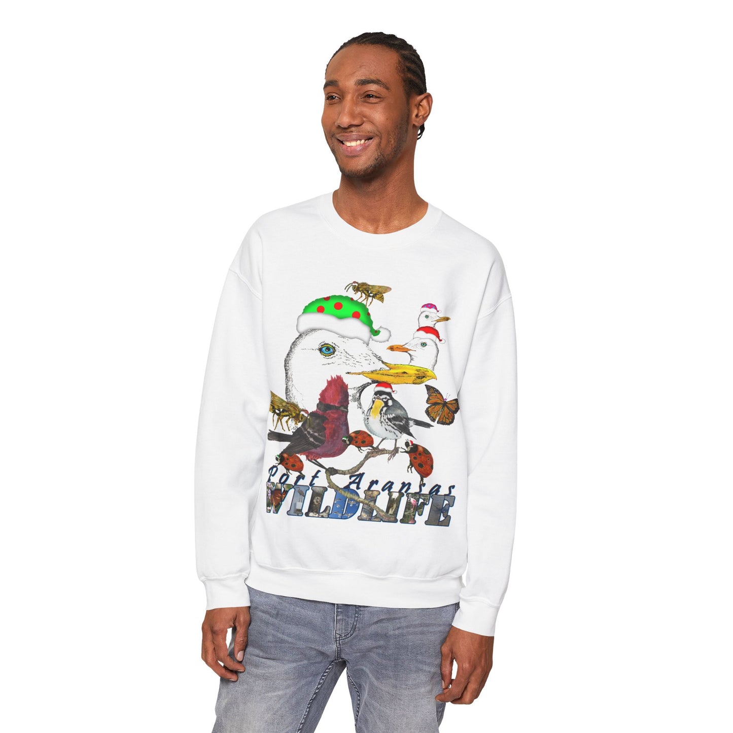 Christmas Ugly Sweatshirt Birds Bugs and Butterflies Seasonal Seller Port Aransas Wildlife: Unisex, Heavy Blend