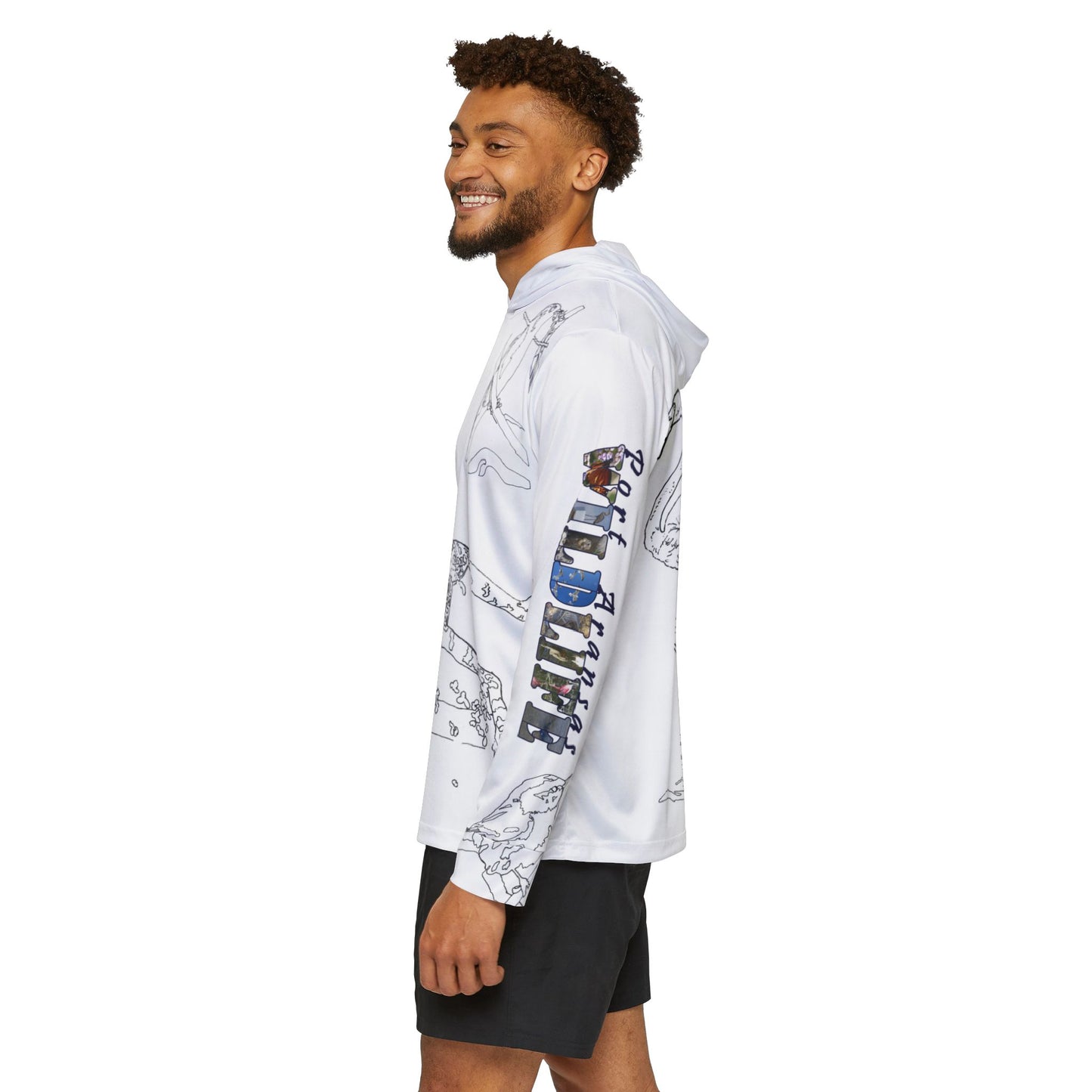 Port Aransas Wetlands Wildlife Line Art Hoodie — Warbler, Butterfly, Frog & Flamingo Coastal Scene