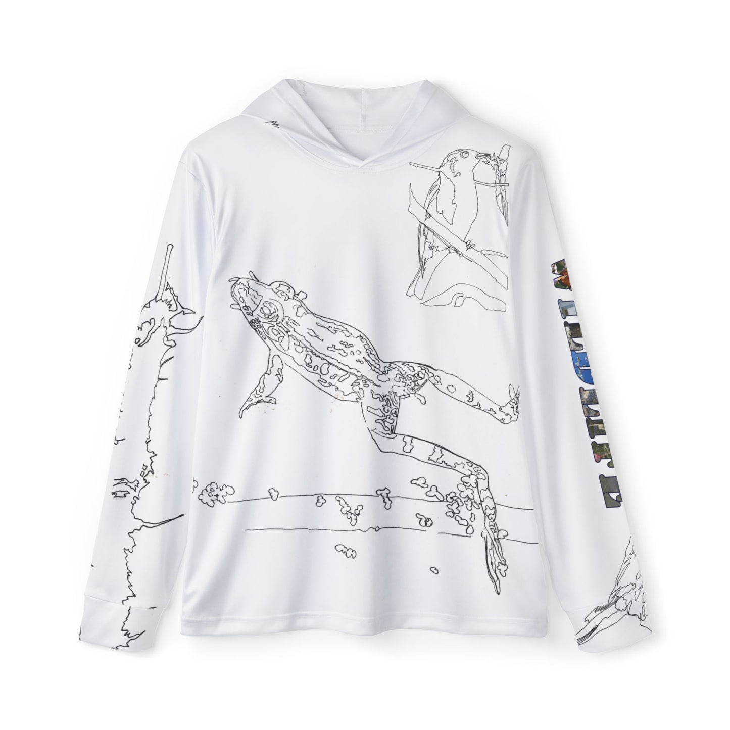 Port Aransas Wetlands Wildlife Line Art Hoodie — Warbler, Butterfly, Frog & Flamingo Coastal Scene