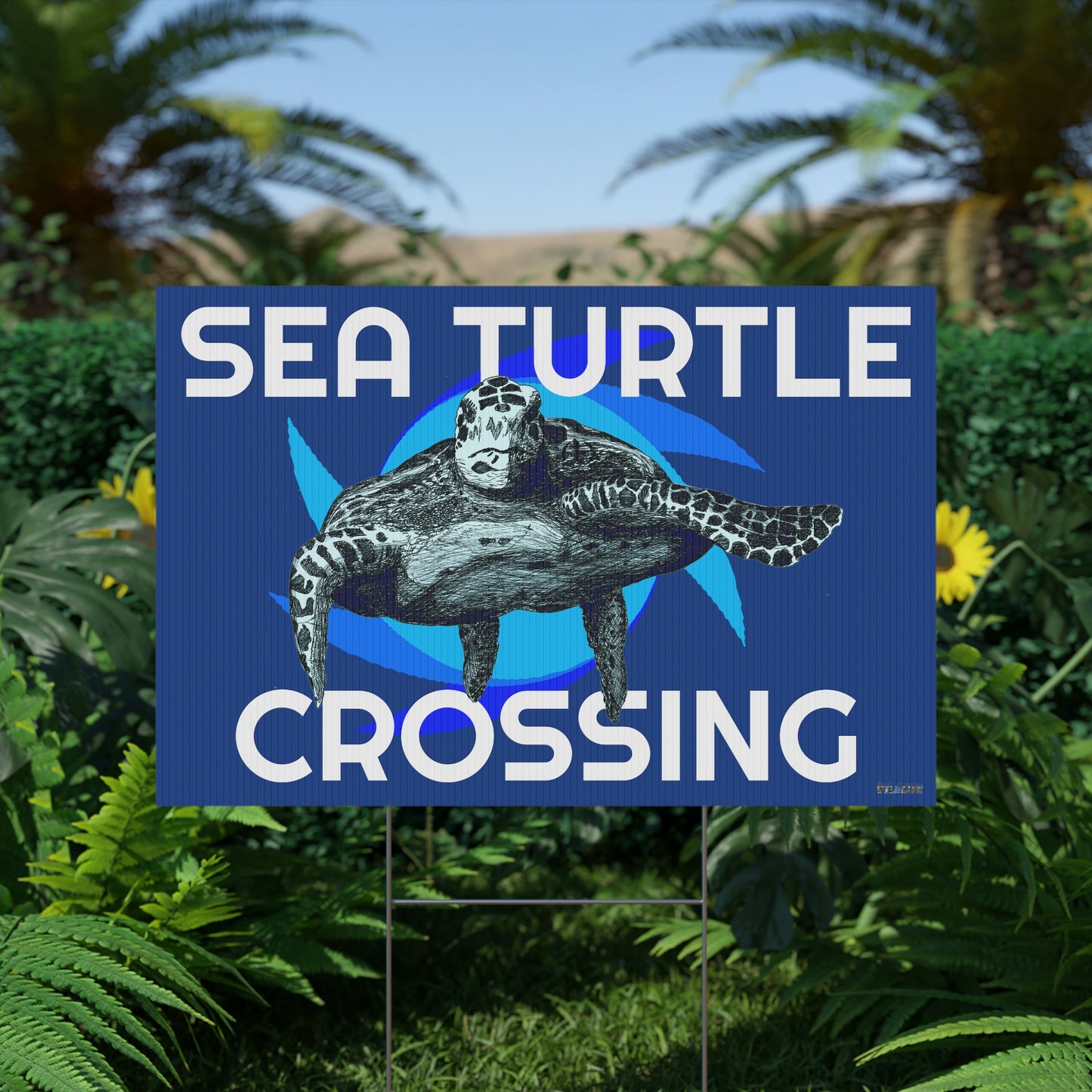 Sea Turtle Crossing Blue Plastic Yard Sign