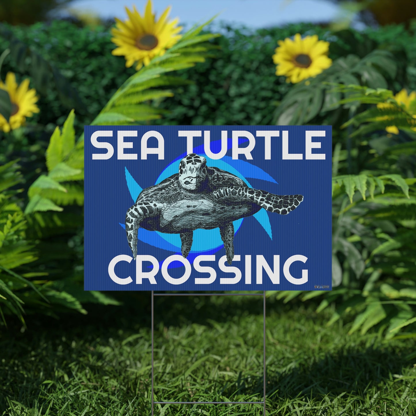 Sea Turtle Crossing Blue Plastic Yard Sign