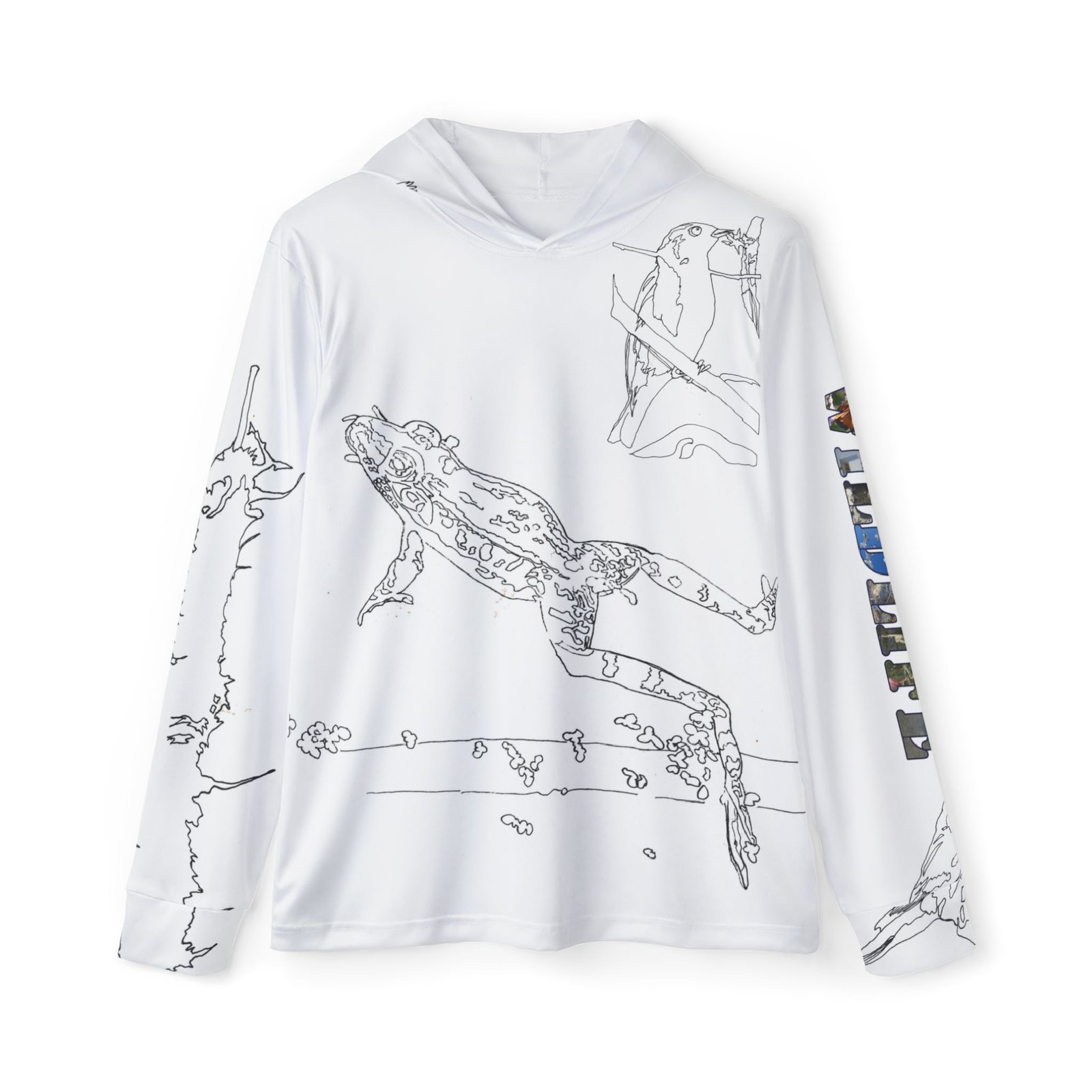 Port Aransas Wetlands Wildlife Line Art Hoodie — Warbler, Butterfly, Frog & Flamingo Coastal Scene