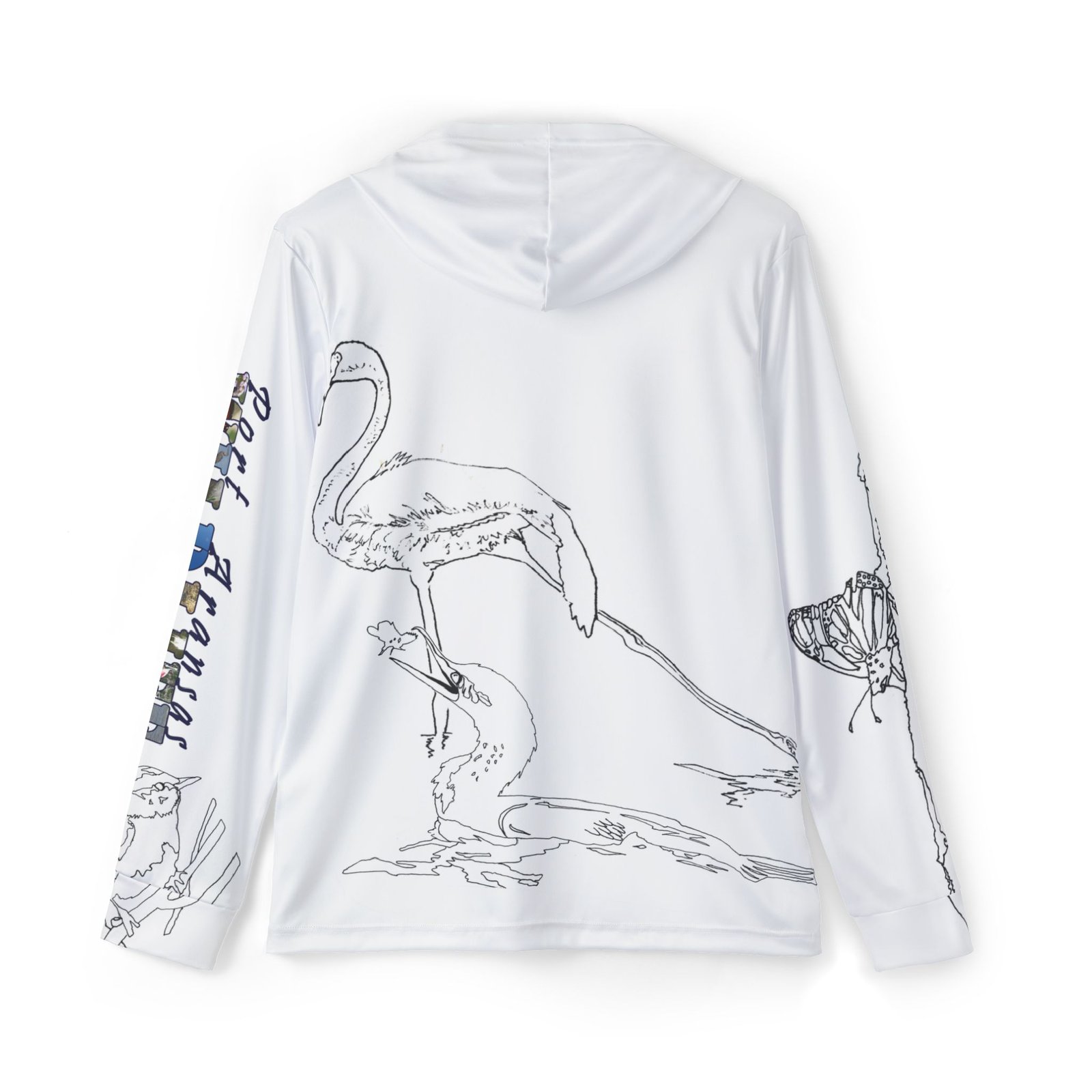 Port Aransas Wetlands Wildlife Line Art Hoodie — Warbler, Butterfly, Frog & Flamingo Coastal Scene - Image 2