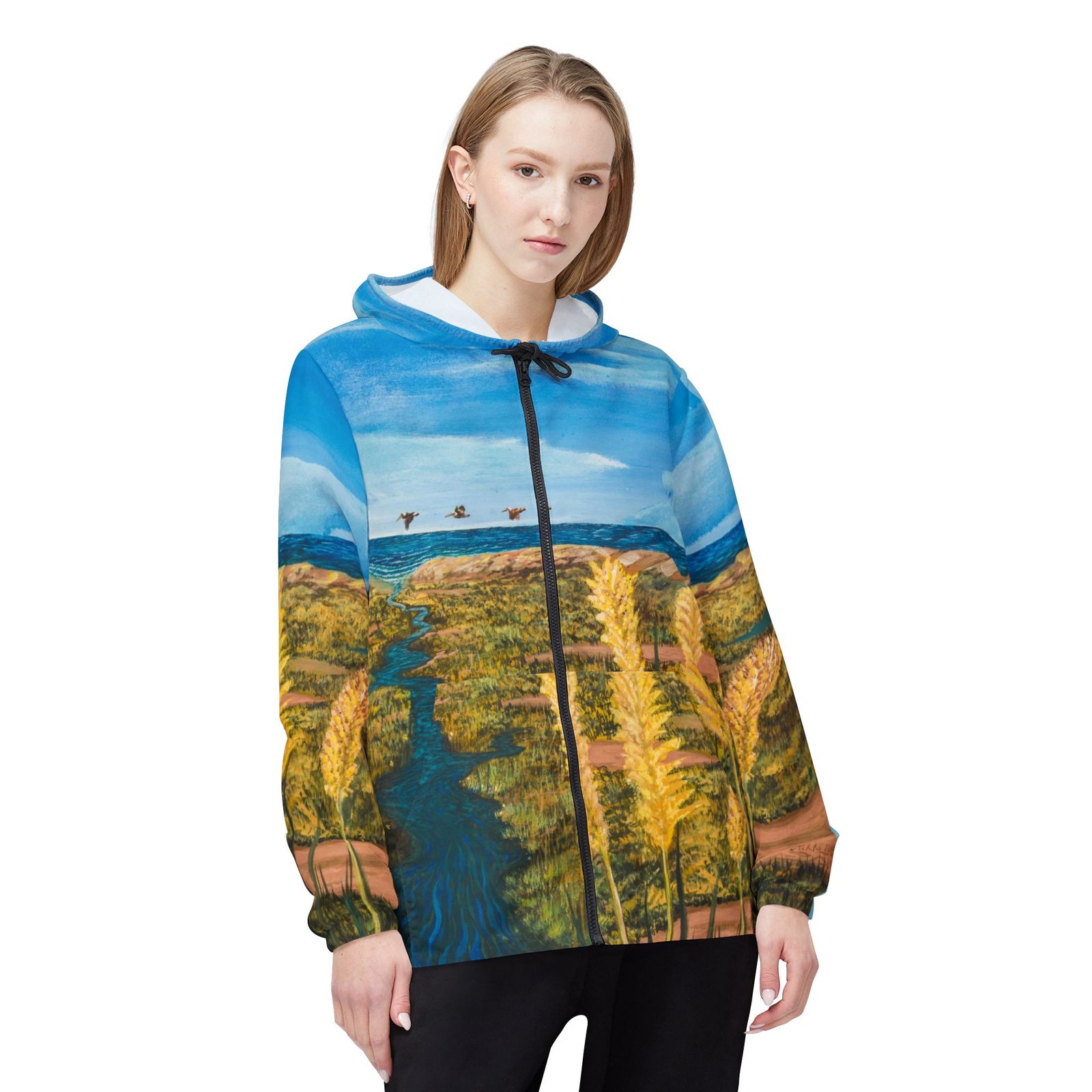 Windbreaker Jacket - Coastal Scenic Art Beach and Dunes Sea Oats Pelicans - Image 3
