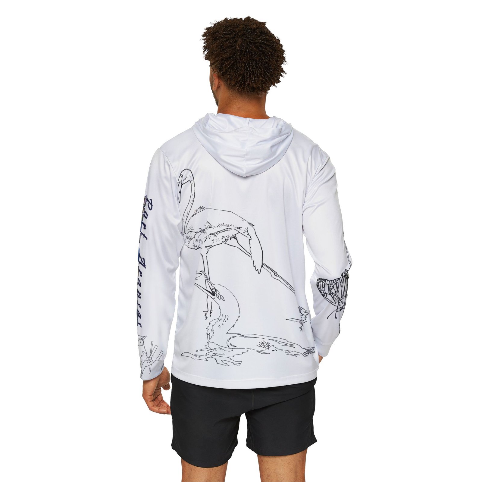 Port Aransas Wetlands Wildlife Line Art Hoodie — Warbler, Butterfly, Frog & Flamingo Coastal Scene - Image 4
