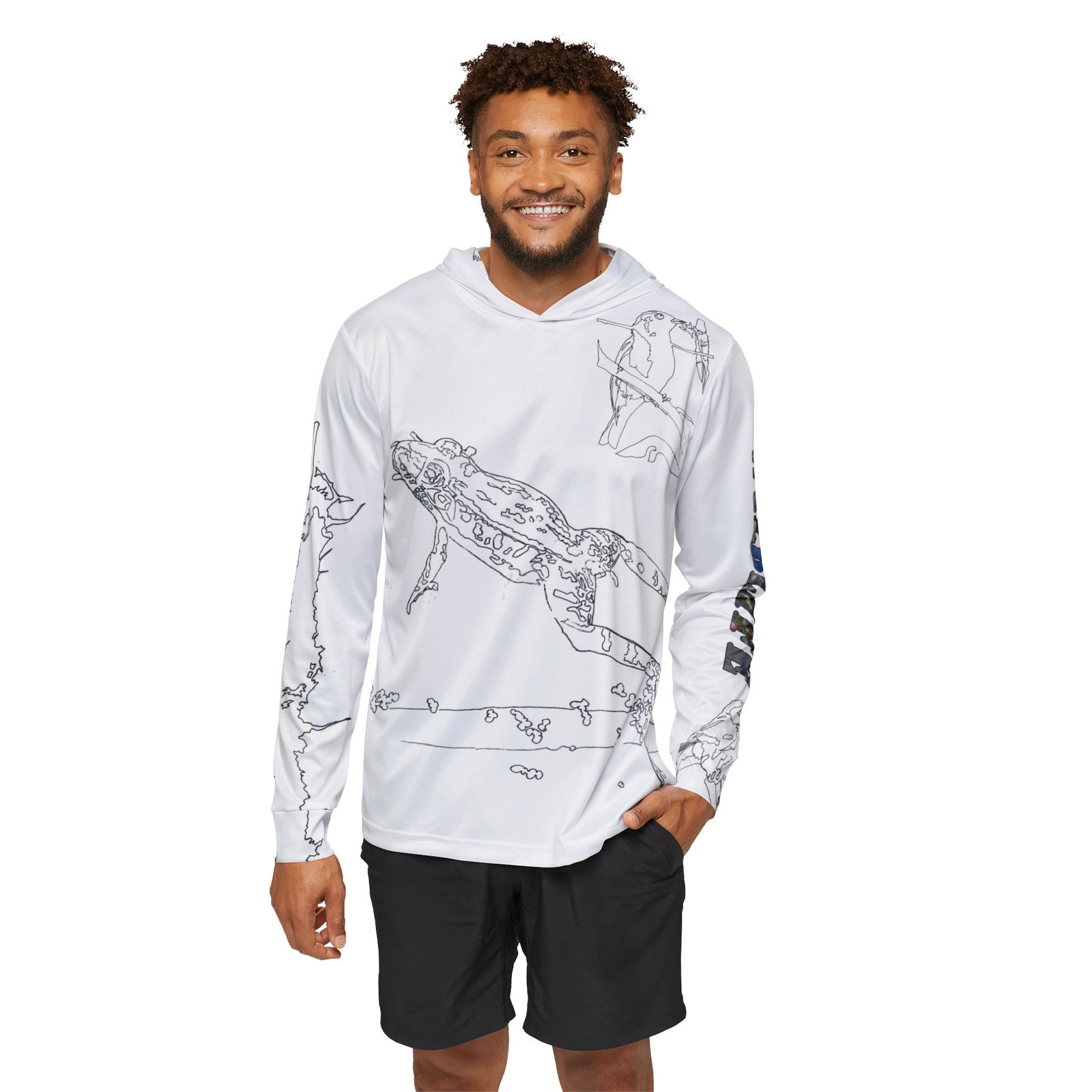 Port Aransas Wetlands Wildlife Line Art Hoodie — Warbler, Butterfly, Frog & Flamingo Coastal Scene - Image 3
