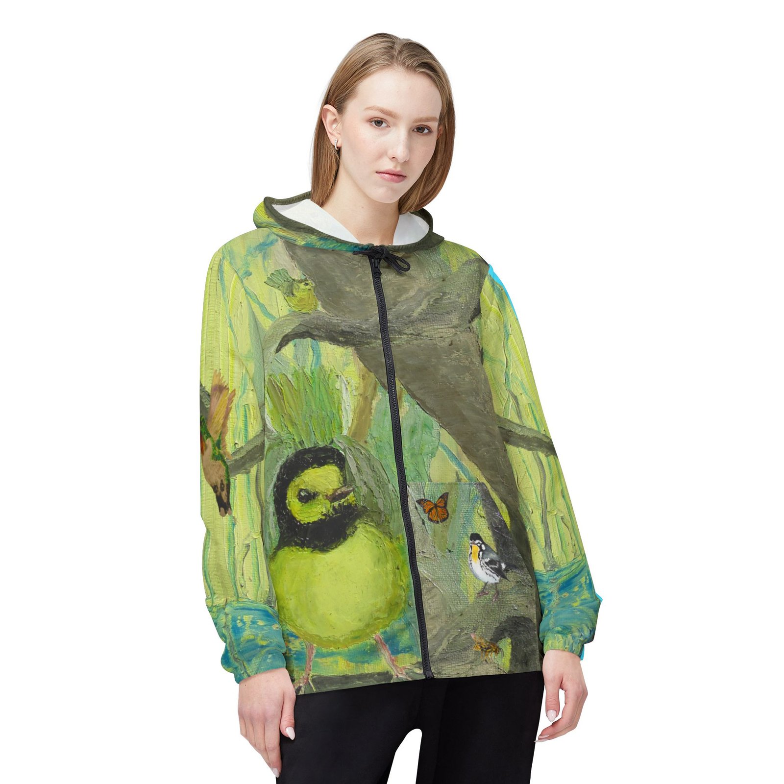 Port Aransas Wildlife Windbreaker Jacket - Hooded Warbler, Hummingbird, Monarch, Yellow-throated Warbler Inspired Art - Image 3